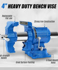 Heavy Duty 4 Inch Bench Vise With 360 Degree Swivel Base And Anvil, made of blue ductile iron, featuring replaceable flat jaw.