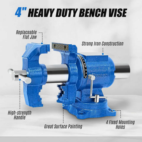 Heavy Duty 4 Inch Bench Vise With 360 Degree Swivel Base And Anvil, made of blue ductile iron, featuring replaceable flat jaw.