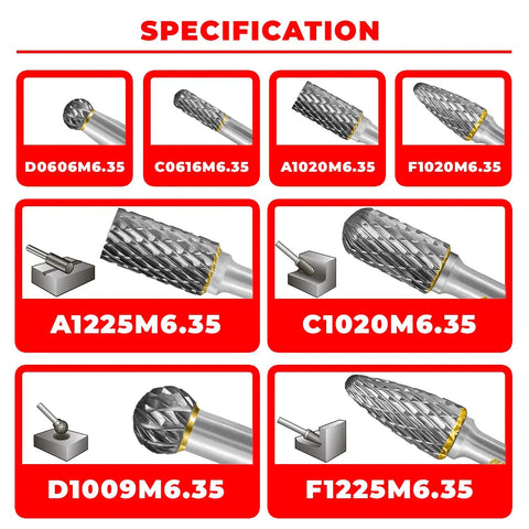 "Tungsten Carbide Burr Set With One Quarter Inch Shank Eight Piece Double Cut Rotary Burrs For Die Grinders, specification chart"