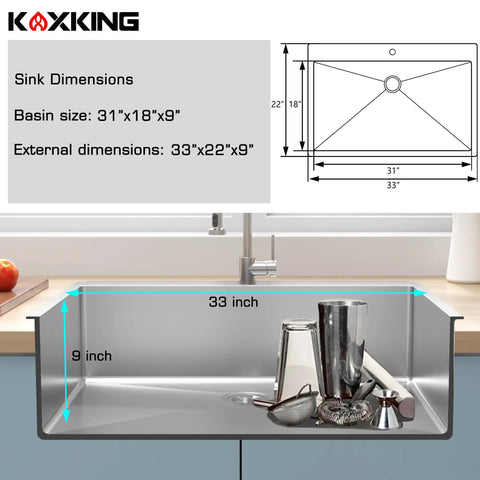 33x22 Drop In Kitchen Sink With 18 Gauge T304 Stainless Steel Top Mount Single Bowl 9 Inch Deep Basin Includes Bottom Grid And Drain Assembly Built To Last Rust Proof Brushed Nickel Finish with dimension markings