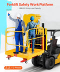 Front view of VEVOR forklift man basket, yellow 36x36 in steel safety cage on a forklift, 1200 lb capacity.