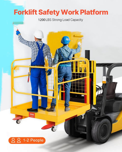 Front view of VEVOR forklift man basket, yellow 36x36 in steel safety cage on a forklift, 1200 lb capacity.