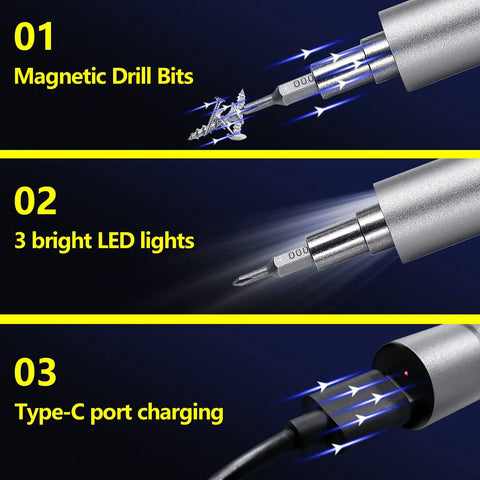 Tiny But Mighty Mini Electric Screwdriver Kit 69 In 1 Cordless Precision Tool with LED Light and Magnetic Positioning Plate Type C Charging features.