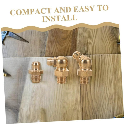 Copper Oil Nozzle Kit With 9 Pieces Straight And Angled Grease Fittings for Cars and Excavators shown on wooden background