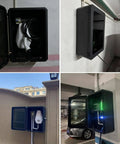 Lockable EV Charger Wall Mount Case Premium Heavy Duty Steel Outdoor Shield With Combo Key Lock and Slick Bottom Cable Routing For Solid Daily Driver Vehicles, mounted closed in garage.