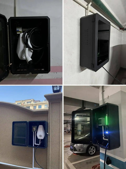 Lockable EV Charger Wall Mount Case Premium Heavy Duty Steel Outdoor Shield With Combo Key Lock and Slick Bottom Cable Routing For Solid Daily Driver Vehicles, mounted closed in garage.