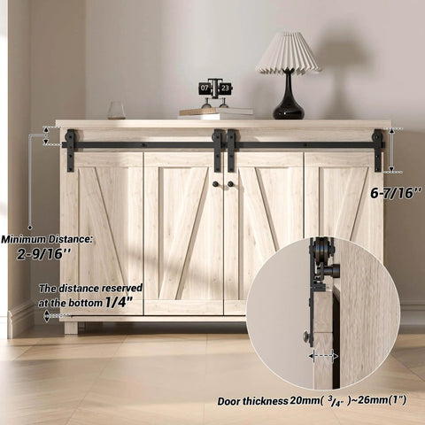 Mini Bifold Barn Door Hardware Kit 72 Inch Sliding Track For Four Doors with installed wooden cabinet doors.
