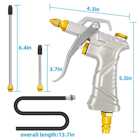 Air Blow Gun With Brass Adjustable Nozzle And Flexible Hose, Pro Grade Industrial Quality, silver color with extensions shown