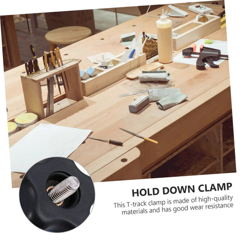 Woodworking T Slot Clamp Quick Release Hold Down Tool For T Track Carpentry Positioning And Workpiece Fixing Heavy Duty Clamping Jig Pro Grade For Sawmills Routers Drill Presses Benchtop Projects on a woodworking bench.