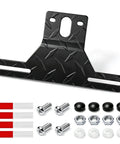 Heavy Duty Aluminum Trailer License Plate Bracket Frame With Universal Mounting Kit Rustproof Hardware For Trucks Trailers RVs And Boats showcasing black textured aluminum and mounting accessories.