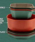 Stacked ComplEAT Outdoor Tableware Set For Camping And Hiking, 9-Piece Nestable Polypropylene Dinnerware With 4 Plates, 4 Bowls, Mixing Bowl