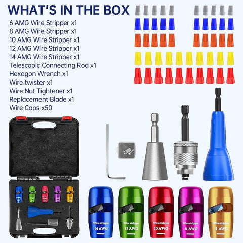 Drill Wire Stripper Twister Tool 2025 Upgraded Wire Stripping And Twisting Connector kit with accessories and wire nuts.