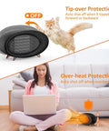 600W Desk Heater With PTC Ceramic Tech showing tip-over and overheat protection features, woman using heater in home office