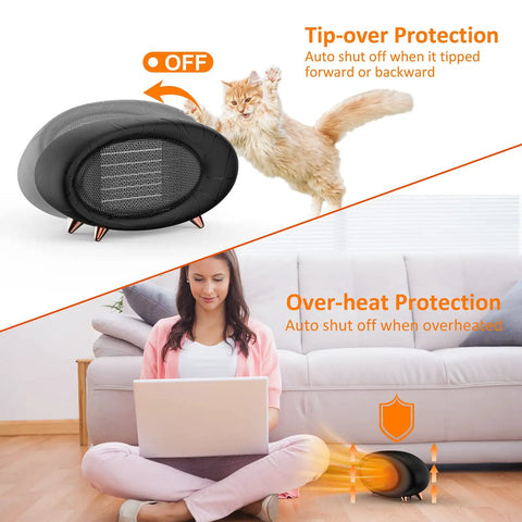 600W Desk Heater With PTC Ceramic Tech showing tip-over and overheat protection features, woman using heater in home office