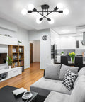 Six Light Modern Chandelier In Black, Dope Industrial Ceiling Light Fixture, 22 Inch Semi Flush Mount with E26 Base installed in living room