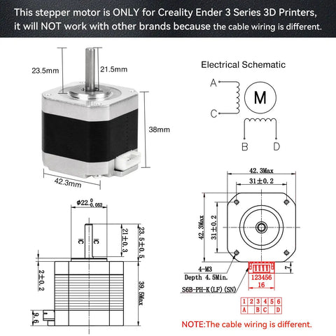 Diagram and dimensions of stepper motor for Creality Ender 3 series with wiring note, part of Beefed Up Dual Gear Ender 3 Extruder Kit.