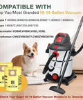 10 Pack 10-14 Gallon Vacuum Bags for Wet Dry Vacuums with type specifications and a corgi in the background.