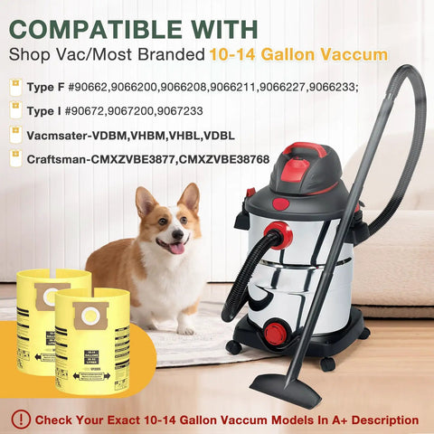 10 Pack 10-14 Gallon Vacuum Bags for Wet Dry Vacuums with type specifications and a corgi in the background.
