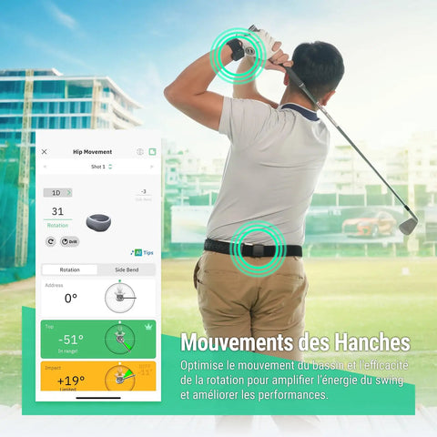Golfer using SwingMotion Golf Swing Trainer And Analyzer with Dual Wearable IMU Sensors, hip movement analysis on app.