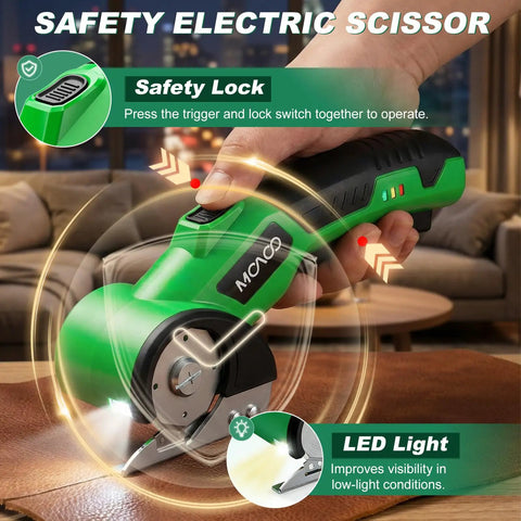 Cordless 4V Electric Box Cutter With Led Light And Safety Lock cutting leather with safety features visible.