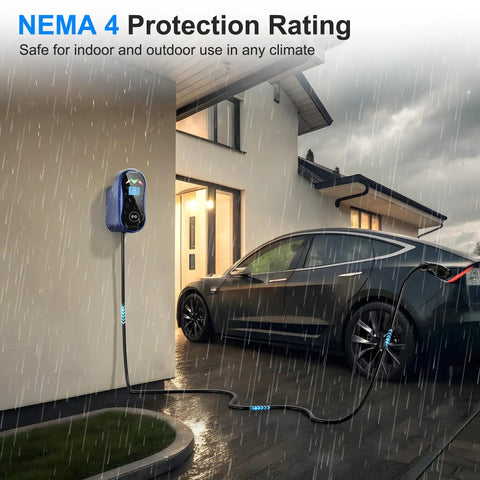 Tesla Level 2 48 Amp EV Charger With App Control for Easy At Home Charging 240V hardwired outside garage with rain protection