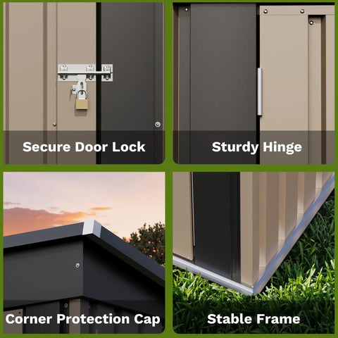 5x3 Ft Outdoor Storage Shed With Sloped Roof And Lockable Door Heavy Duty Metal Construction For Backyard Garden Patio Or Lawn Tool Shed To Keep Your Yard Tidy Yard Ready Brown showing lock, hinge, corner protection, and frame details.