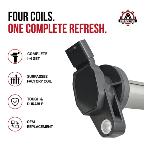 Premium Ignition Coil Pack Set Of Four Straight Plug And Play No Drama Tune Up Cures Rough Idle Fits Lexus Scion Pontiac Corolla Vibe Ct200h Replaces 90919 close-up of ignition coil with connector