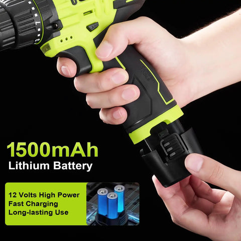 Close-up of a 12V Cordless Drill Set With Battery And Charger 142 Piece Homeowner DIY Tool Kit in Portable Case being assembled