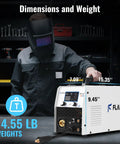 Person in welding gear beside Six In One Dual Voltage MIG Welder 120V/240V Workhorse With Flux Core And Gas MIG Stick Lift TIG Spot Welding