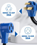 Beefy Heavy Duty NEMA 10-30P to NEMA 14-50R EV Charger Adapter With Handle, 12 Inch STW Cord, blue plugs with diagrams