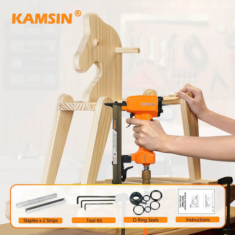 Pneumatic Upholstery Stapler 22 Gauge Continuous Firing used on wooden rocking horse with tool kit, staples, and instructions shown