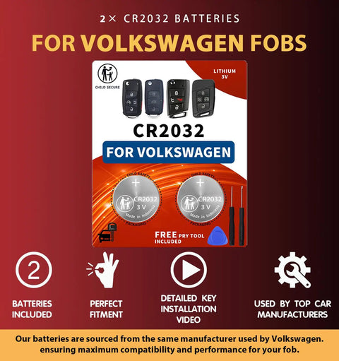 Volkswagen Key Fob Battery Replacement Kit CR2032 Battery 2 Pack Easy DIY Swap For Jetta Tiguan Atlas Passat Golf Beetle