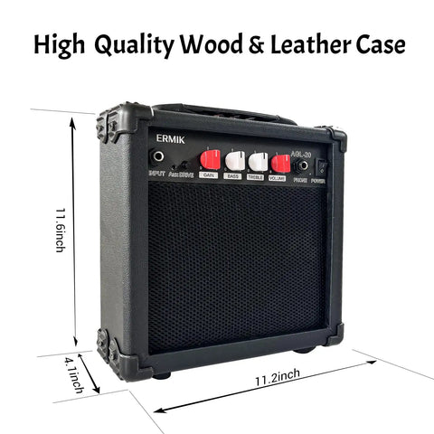 20W Electric Guitar Amplifier with Built-In Speaker, headphone jack, aux input, and control knobs, black case dimensions shown