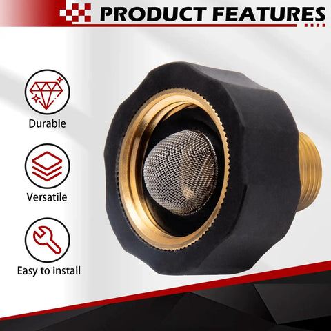 Close-up of Copper Water Inlet Connector For High Pressure Washer Pumps Three Eighths Inch Male To Three Quarters Inch Female Fitting