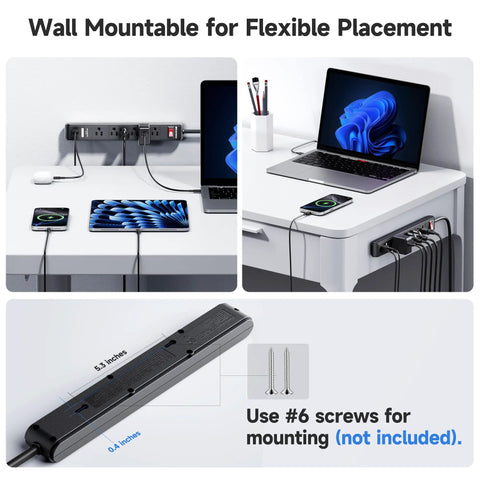 Wall-mounted use of two pack six outlet surge protector power strips with USB ports eight foot long extension cord ETL listed 490 joules.