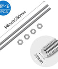Two stainless steel 3/8-16 fully threaded rods, 10-inch length, right-hand threads, with four hex nuts