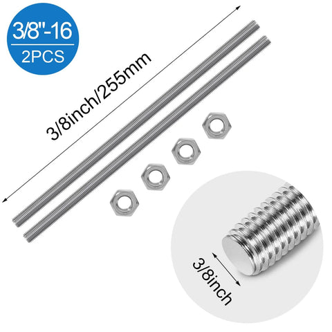 Two stainless steel 3/8-16 fully threaded rods, 10-inch length, right-hand threads, with four hex nuts