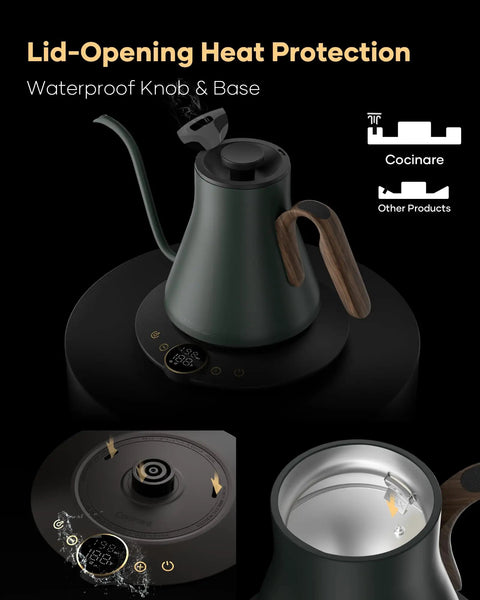 Gooseneck Electric Kettle With 1 Degree Temperature Control 1500W Fast Heating Pour Over Coffee And Tea Kettle with wood handle on black base.