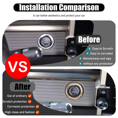 Installation comparison image showing Factory Look Snug Fit Push Start Button Cover For Hummer Electric Pickup 2024 2025 before and after.