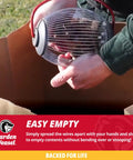 No Sweat Lawn Roller Picker That Gathers Acorns Buckeyes And Beechnuts Directly Off The Grass Surface shown being emptied easily.