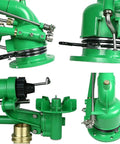 Close-up of 2-Inch Impulse Impact Sprinkler for Farm Irrigation with replacement nozzle set and DC drive, green components