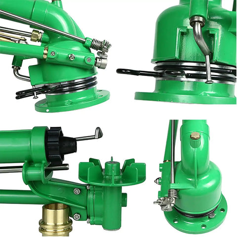 Close-up of 2-Inch Impulse Impact Sprinkler for Farm Irrigation with replacement nozzle set and DC drive, green components