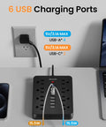Heavy Duty Six Foot Flat Plug Extension Cord With Surge Protection Power Strip Featuring Eight AC Outlets And Six USB Ports To Keep Your Gadgets Fully Juiced Ditch The Clutter Set Yourself Up Right Straight Up with 6 USB charging ports on a desktop.