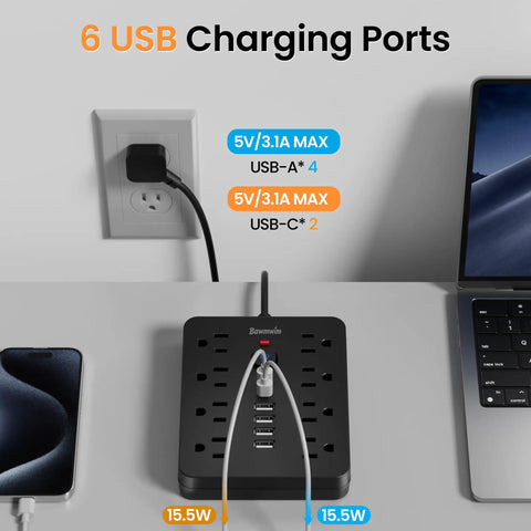 Heavy Duty Six Foot Flat Plug Extension Cord With Surge Protection Power Strip Featuring Eight AC Outlets And Six USB Ports To Keep Your Gadgets Fully Juiced Ditch The Clutter Set Yourself Up Right Straight Up with 6 USB charging ports on a desktop.