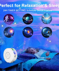 Child asleep under Smart Galaxy Projector For Bedroom With App Control And Voice Assistants Like Alexa And Google Home Multi Color Nebula Sky Night Light creating cosmic vibes, projector visible on bedside table