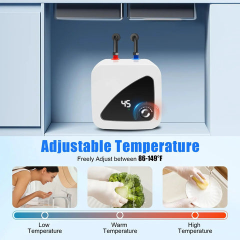 Straight Up Fast Heating Under Sink Water Heater Real Deal 1 Point 5 Gallon Electric Mini Tank Warmer with digital display and adjustable temperature settings.