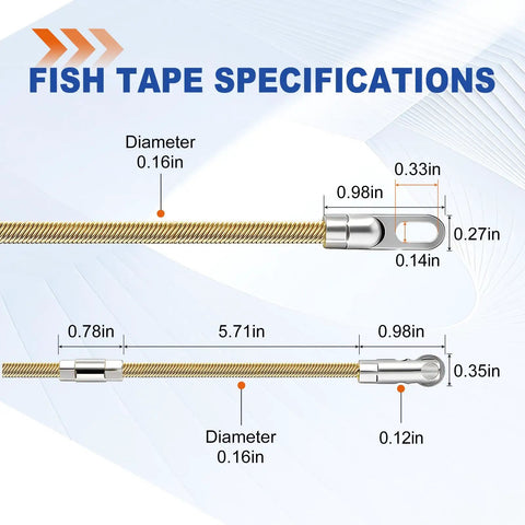 High Grade Spring Steel Fish Tape Wire Puller For Drywall And Concrete Conduit 16 4 Foot specifications showing dimensions and diameter.