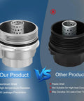 Comparison of Toyota Oil Filter Housing Cap Assembly Fits Camry RAV4 Highlander with aluminum versus plastic versions.