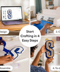 Crafting process with Maker 4 Starter Craft Bundle With All In One Die Cutting Machine, showing design, cut, assemble, and final product.