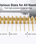 All In One 3D Printer Nozzle Kit With 16 MK8 Brass Nozzles 0.2mm 0.4mm 0.6mm 0.8mm And 1.0mm Plus Wrench Tweezers Cleaning Needles And Storage Case For Ender 3 Pro And CR 10 Series - various nozzle sizes displayed